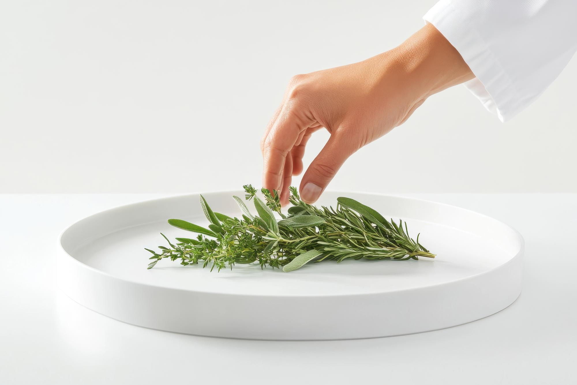 Dettaglio di mani che impiattano un piatto gourmet