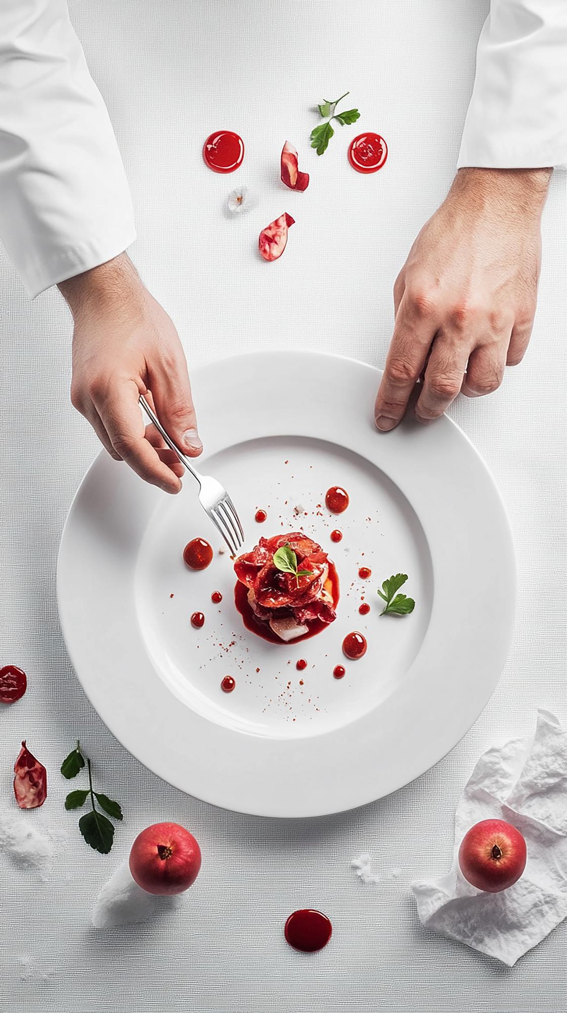Chef che prepara piatto gourmet in cucina elegante